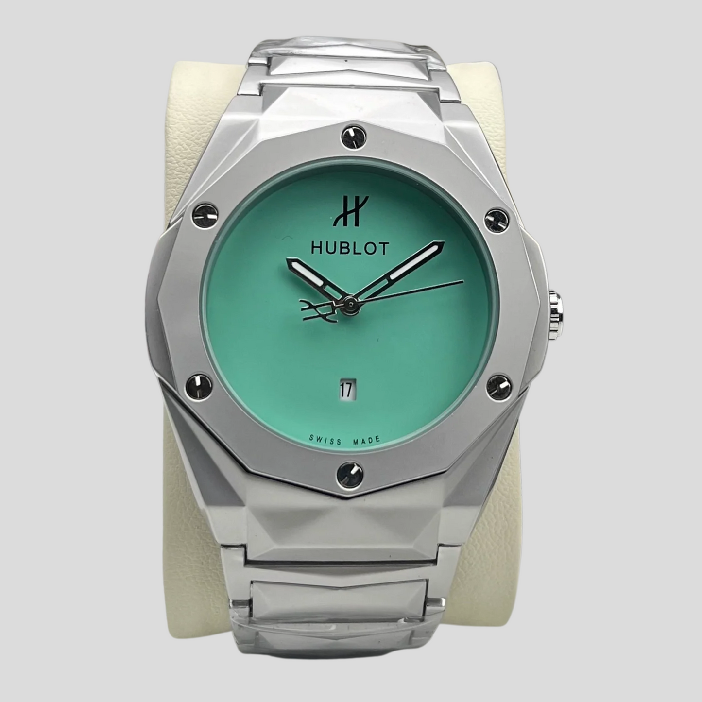 Hublot-Inspired Stainless Steel Wristwatch with Mint Green Dial