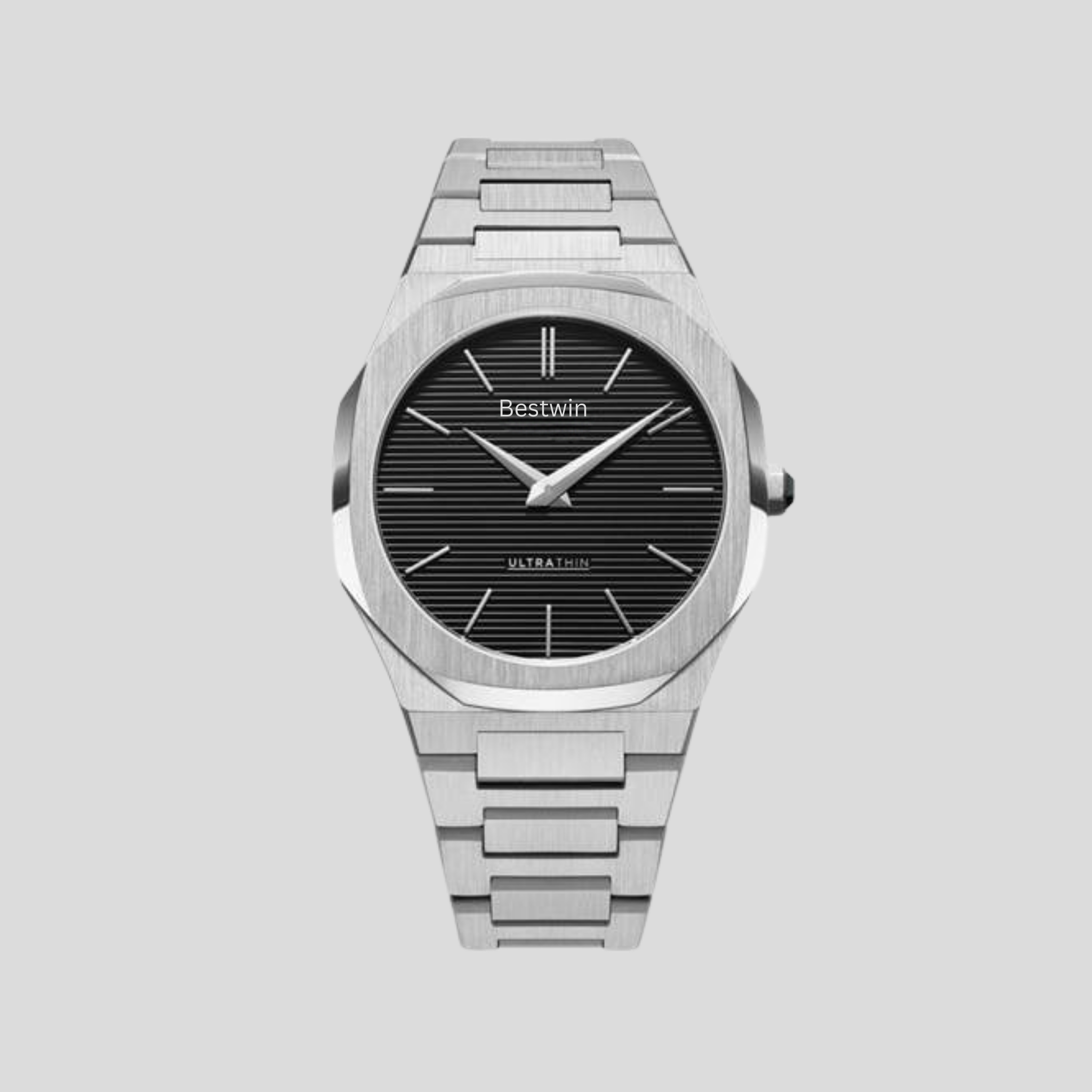 Silver watch with black dial on a light gray background
