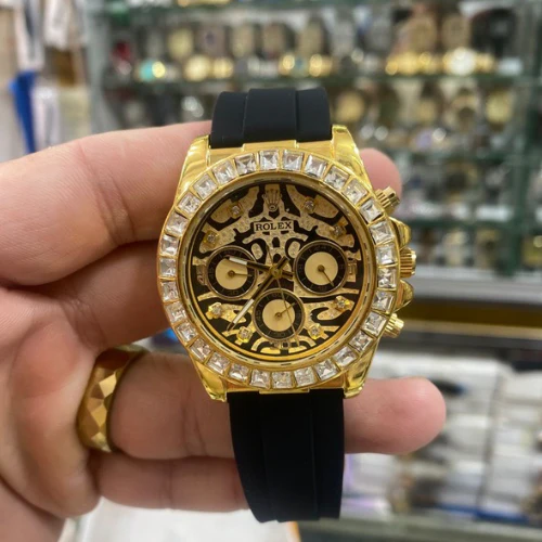 Rolex Skeleton Dial Gold Bezel Chronograph Watch - Image 3